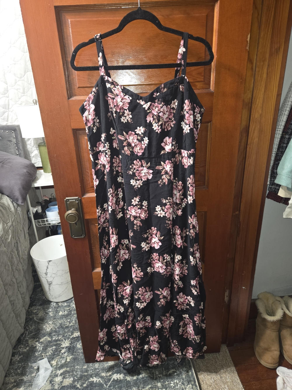 Floral Spaghetti Strap Maxi Dress - Black with Pink Blooms